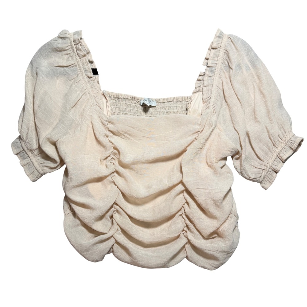 Love Tree Womens Cream Ruched Puff‎ Sleeve Smocked Back Crop Top Blouse L 2881TM